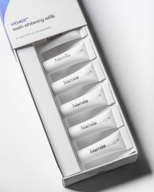 A box of teeth whitening refills labeled 'hismile', with six small tubes inside. The box is white and sleek.