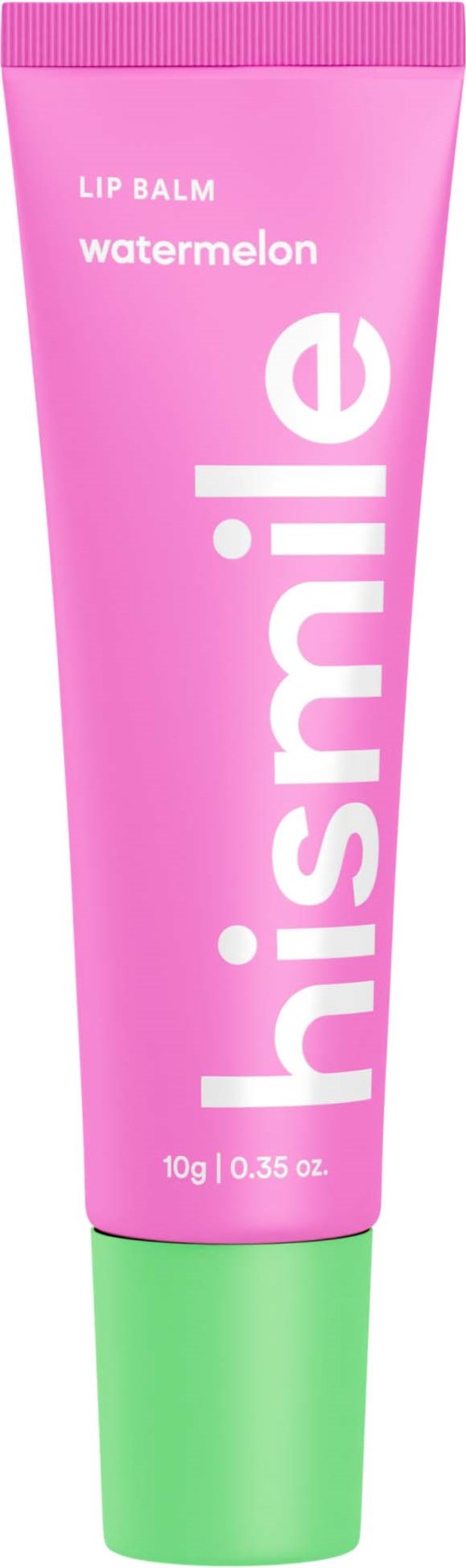 Roze tube met groene dop, met 'HiSmile' label, bevat watermelon lippenbalsem, 10g.