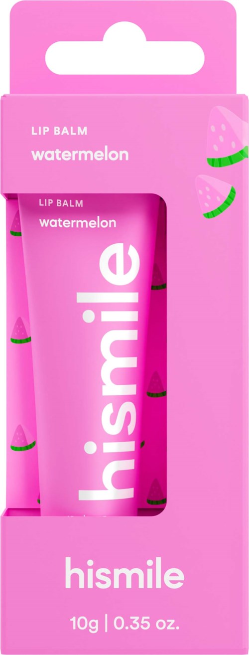 Roze verpakking voor watermeloensmaak lippenbalsem met merknaam 'hismile'.