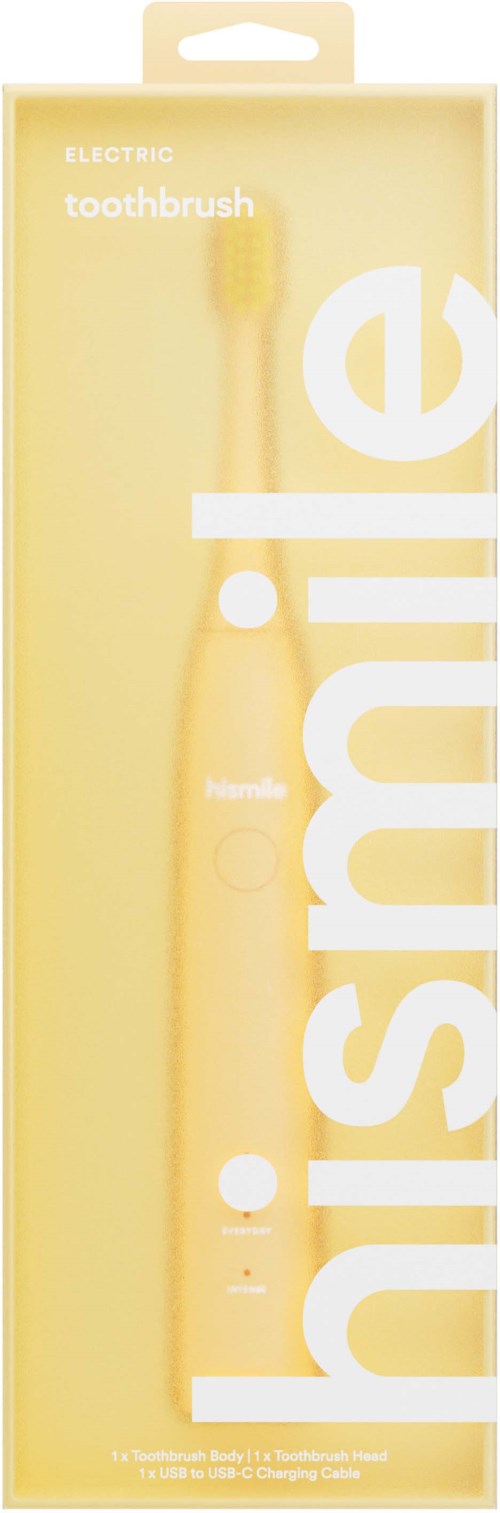 Eine gelbe elektrische Zahnbürste in einer transparenten Verpackung mit großen weißen Texten und kleineren Texten. Der Hintergrund ist einfach und sauber.
