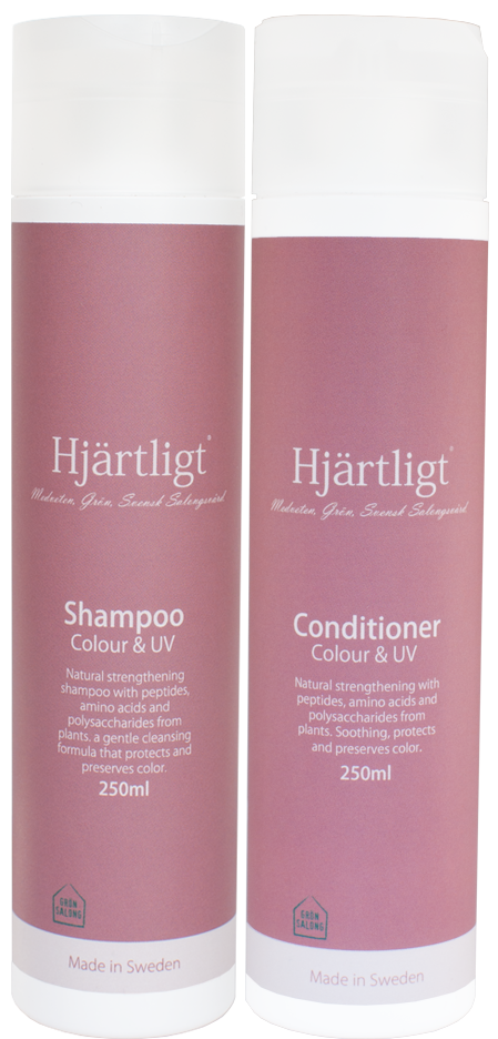 Two pink bottles labeled 'Shampoo' and 'Conditioner' from Hjärtligt, each holding 250ml, made in Sweden.