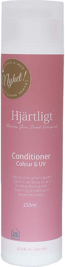 Pink bottle of Hjärtligt conditioner for color and UV protection, 250ml, made in Sweden.