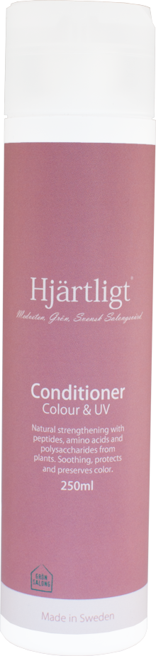 Pink cylindrical bottle labeled 'Hjärtligt' conditioner for color and UV protection with 250ml capacity.