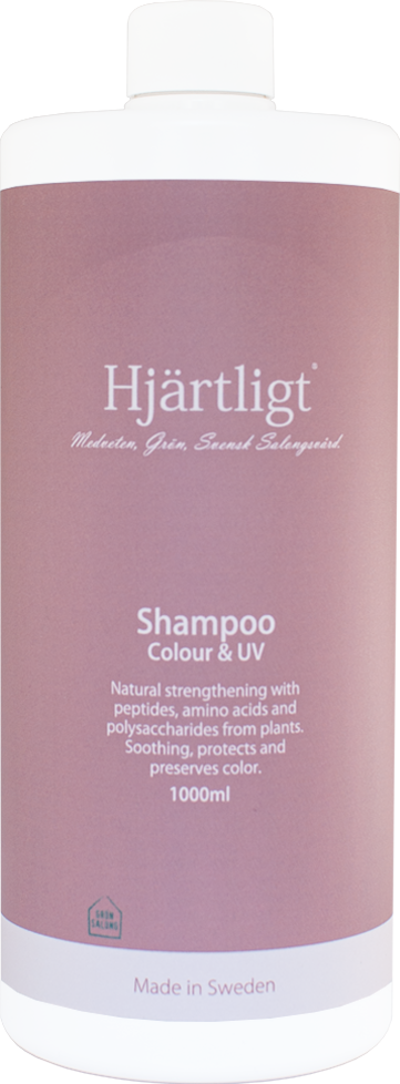 A pink shampoo bottle labeled "Hjärtligt", size 1000ml, made in Sweden, with natural ingredients for hair care.