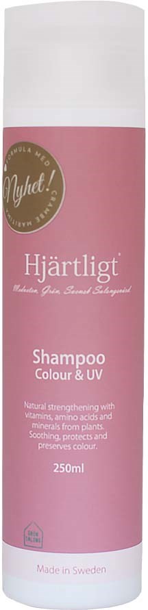 A pink and white shampoo bottle labeled 'Hjärtligt' for color and UV protection, made in Sweden.