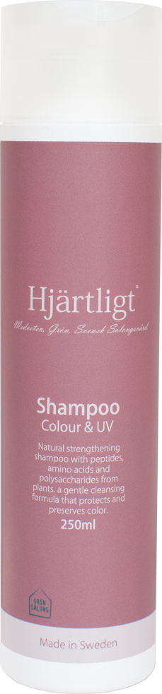 A pink shampoo bottle labeled Hjärtligt, contains 250ml, made in Sweden, for color and UV protection, with natural ingredients.