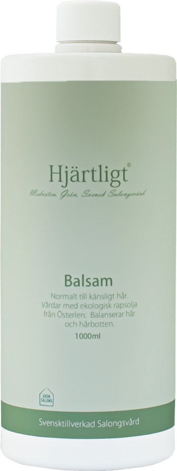 A white bottle with green label, called Hjärtligt, contains balm for sensitive skin, made in Sweden, 1000 ml.