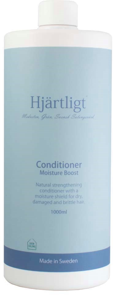 A light blue conditioner bottle with white cap, labeled 'Hjärtligt' for moisture boost, from Sweden, 1000ml.