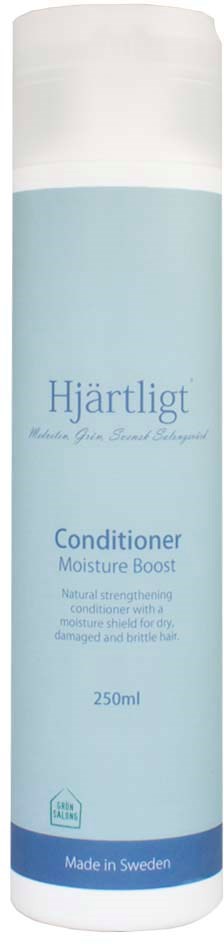 A light blue bottle labeled 'Hjärtligt Conditioner' for hair, 250ml, made in Sweden, with a white cap.