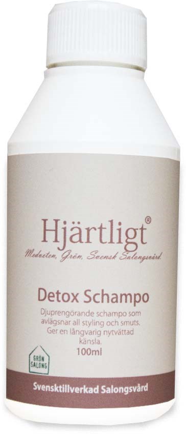 A white bottle with a beige label, containing detox shampoo for hair cleansing and dirt removal.
