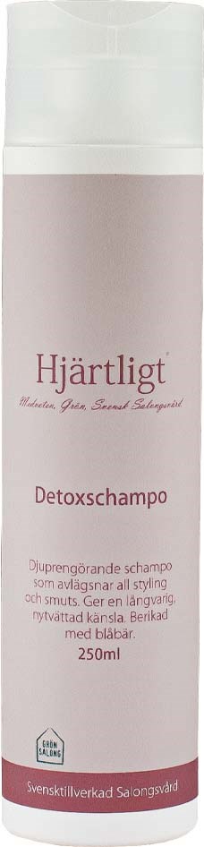 Fles met detox-shampoo, 250ml, met lichtroze etiket en witte dop, zegt 'Hjärtliga' en 'Detoxschampo'.