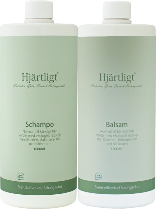 Two light green bottles with white caps, labeled as shampoo and balsam, for hair care, each 1000ml.