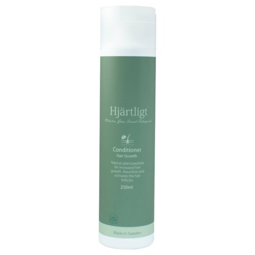 A green bottle of Hjärtligt conditioner for hair growth, 250ml, made in Sweden, with natural plant extract ingredients.