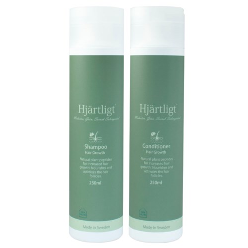 Two bottles labeled 'Hjärtligt' for hair shampoo and conditioner, each 250ml, made in Sweden with a green and white design.