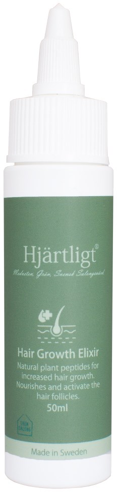 Green bottle with a pump labeled 'Hjärtligt' for hair growth. Contains natural plant ingredients. 50ml. Made in Sweden.