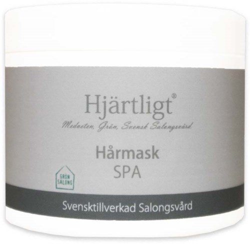 A jar of hair mask from Swedish salon care brand Hjärtligt, with grey and white packaging.