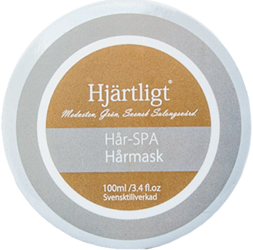 A round jar label with brown and gray colors, says 'Heartfelt Hair Spa Mask, 100 ml, made in Sweden.'