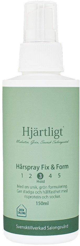 A white bottle with a green label that says 'Hjärligt' and 'Hårspray Fix & Form' for hair styling.