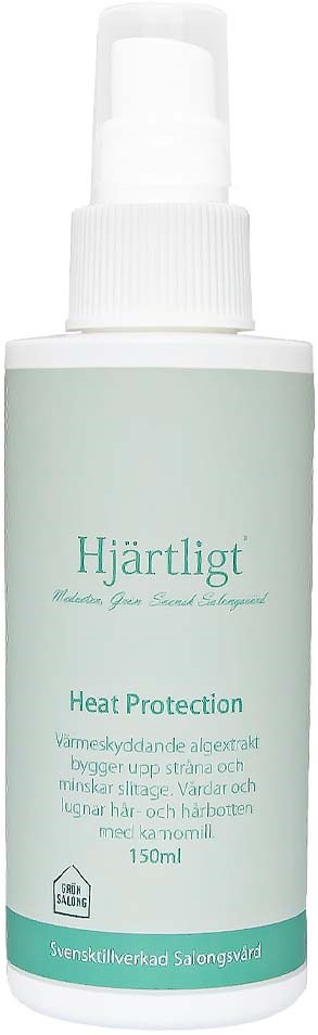 A light green spray bottle with white cap and spray nozzle. The label says "Hjärtligt" and "Heat Protection," 150ml.