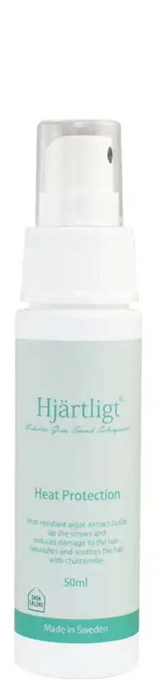White spray bottle labeled 'Hjärtligt Heat Protection', 50ml, made in Sweden, with a pump spray nozzle.