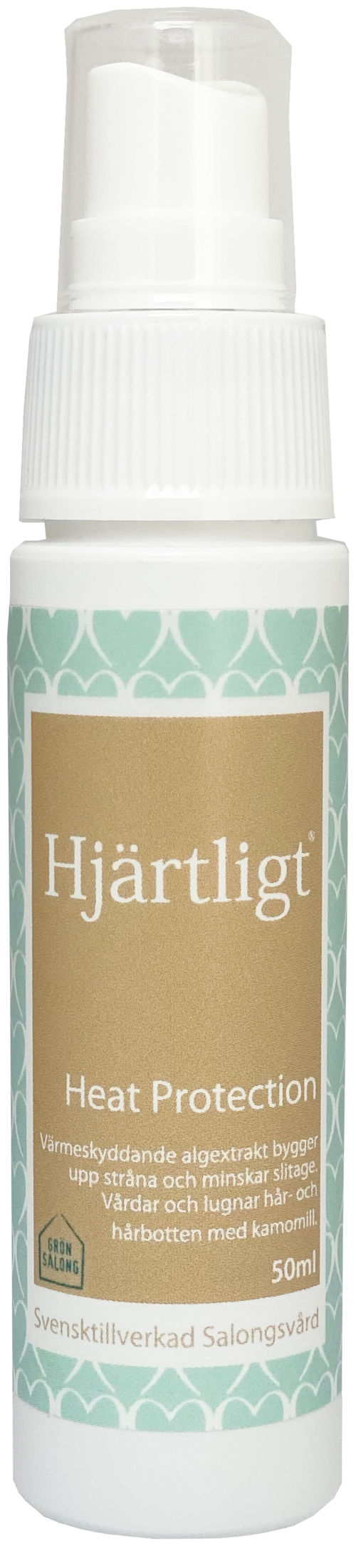 A small white spray bottle with a light blue patterned label and text, used for heat protection.