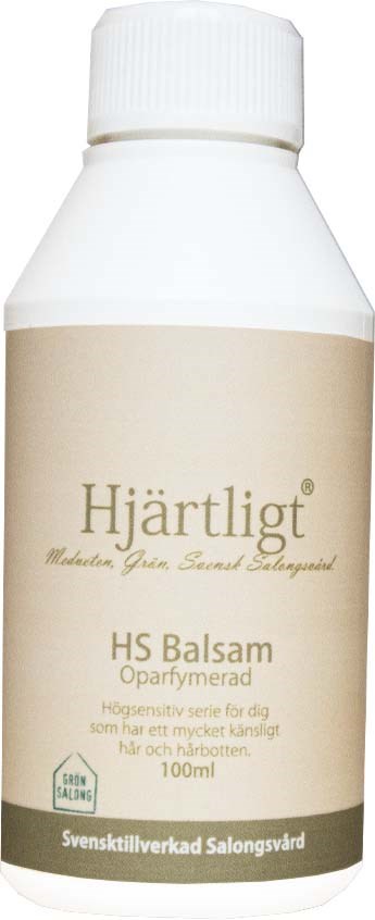 A white bottle with beige label shows Hjärtligt HS Balsam, suitable for sensitive skin and hair, 100ml size.