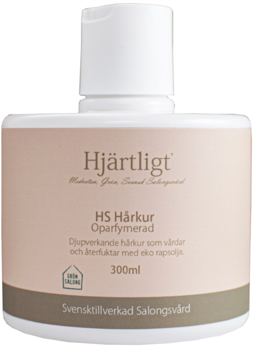 A white bottle labeled 'Hjärtligt' with information about hair care, 300ml, made by Swedish Salongsvård.