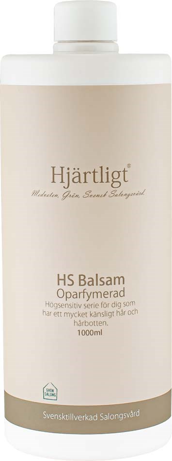 A white bottle with a label that has text about a scalp care product called HS Balsam Oparfymerad.