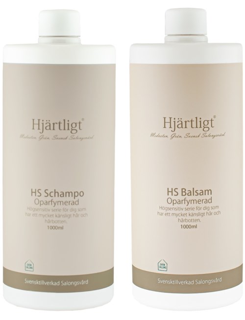 Two large shampoo and conditioner bottles labeled 'Hjärtligt', meant for salon use, 1000ml each, in neutral colors.