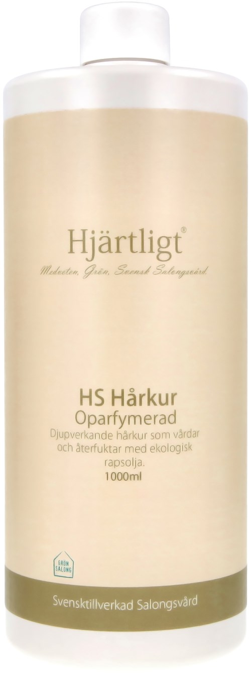 A large, beige bottle labeled "Hjärtligt" and "HS Hårkur," indicating a hair mask product for damaged hair.