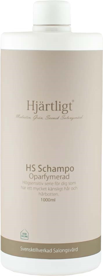 A white shampoo bottle with Swedish text, including "Hjärtligt" and "HS Schampo Oparfymerad," indicates it is perfume-free.