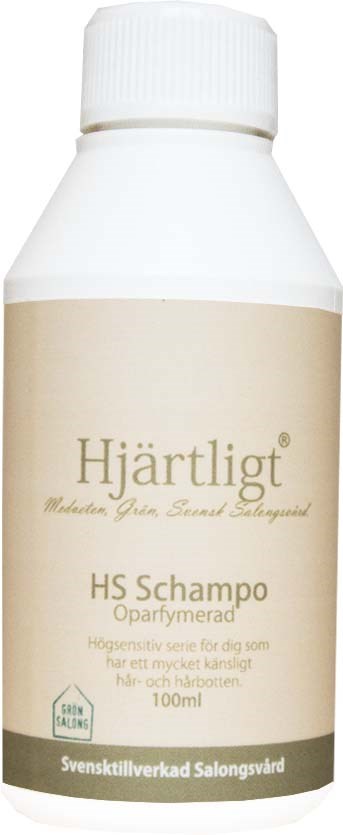 A white bottle with beige label, labeled 'Hjärtligt HS Schampo' for sensitive scalp, 100 ml.