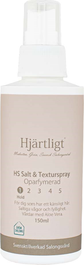 A white spray bottle labeled 'Hjärtligt HS Salt & Texturspray' for hair, with a nozzle on top and health symbols.