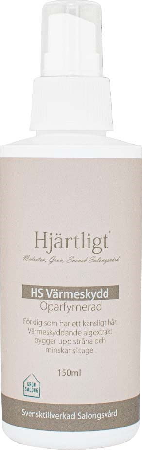 A white bottle with a pump, labeled 'Hjärtligt' and 'HS Värmeskydd,' is for hair protection and styling.