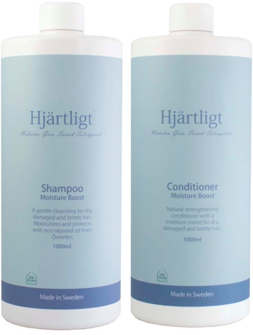 Two white bottles, labeled 'Shampoo' and 'Conditioner', with blue labels, Swedish origin, 1000ml each, for hair care.