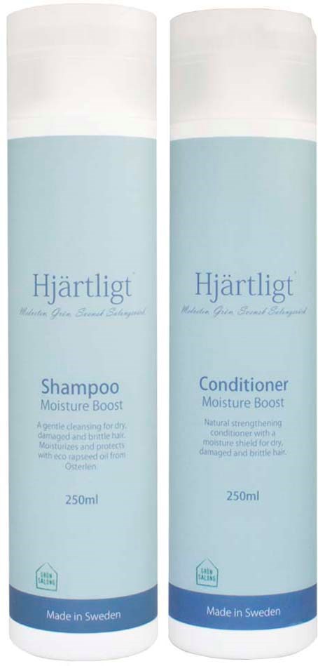 Two bottles of shampoo and conditioner labeled Hjärtligt, designed for moisture boost, made in Sweden.