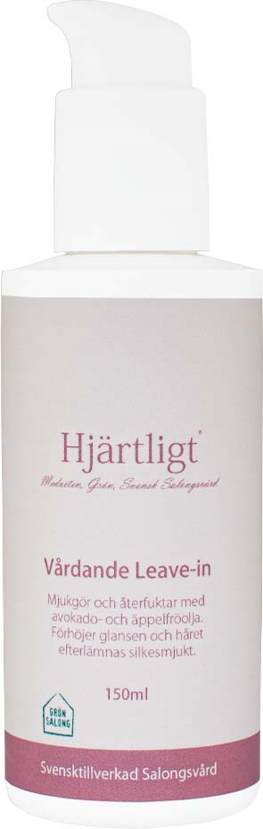 A white bottle with a pump, labeled 'Hjärtligt' for skin care, 150ml, gentle and nourishing.