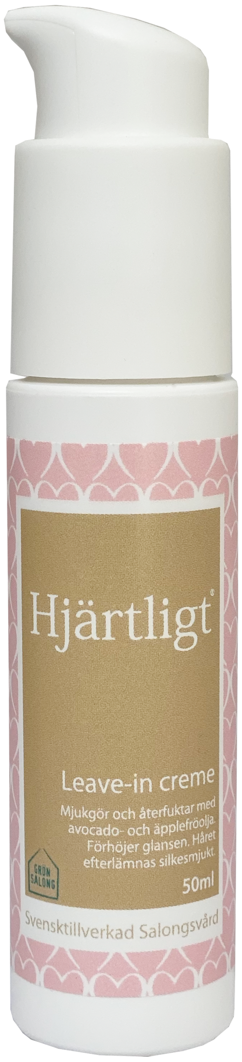 Eine weiße Flasche mit rosa Dekorationsmustern, bezeichnet 'Hjärtligt' für Leave-in-Creme. Es hat eine Pumpfunktion.