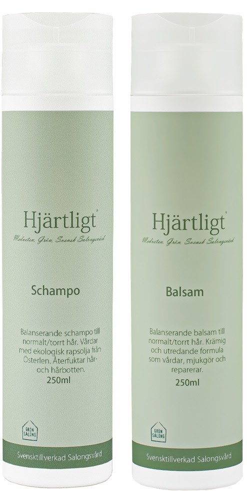Two green and white bottles labeled 'Hjärtligt' contain shampoo and conditioner, each 250ml capacity.