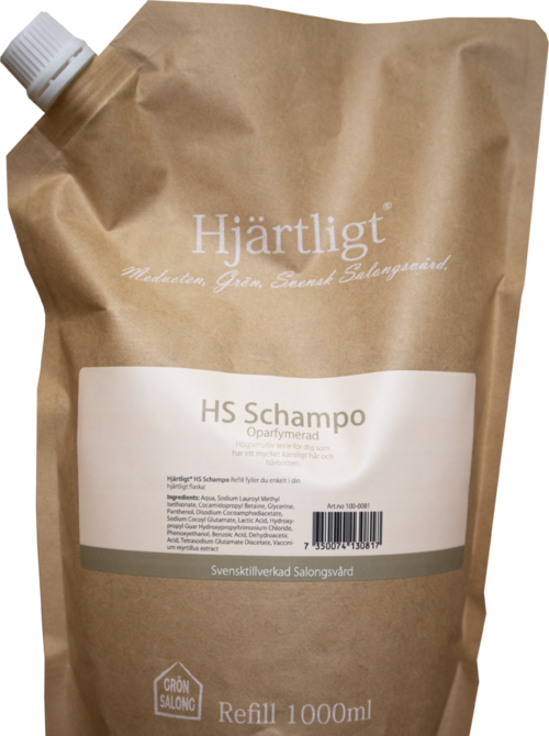 A brown refill bag with white label for heart-friendly shampoo, containing 1000ml, with a screw cap on top.