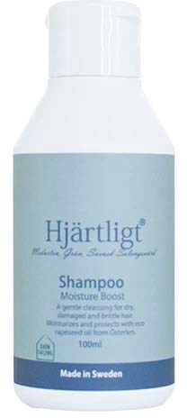 A white and blue shampoo bottle labeled Hjärtligt, moisturizing and suitable for daily use. Made in Sweden.