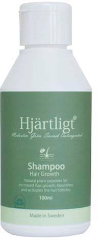 Valkoinen shampoopullo, jossa vihreä etiketti ja tekstit 'Hjartligt' ja 'Shampoo' hiusten kasvuun.