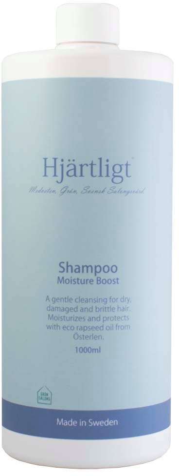 A large white bottle of Hjärtligt shampoo, labeled as moisture boost, made in Sweden, for gentle hair cleaning, 1000ml.