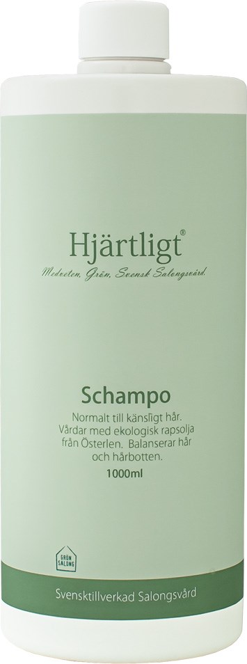 Eine hellgrüne Flasche mit "Hjärtligt" Beschriftung, Shampoo, 1000 ml, für Haarpflege, hergestellt in Schweden.
