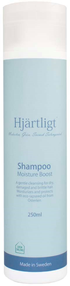 A light blue shampoo bottle with white cap, labeled "Hjärtligt" and states moisture boost, 250ml, made in Sweden.