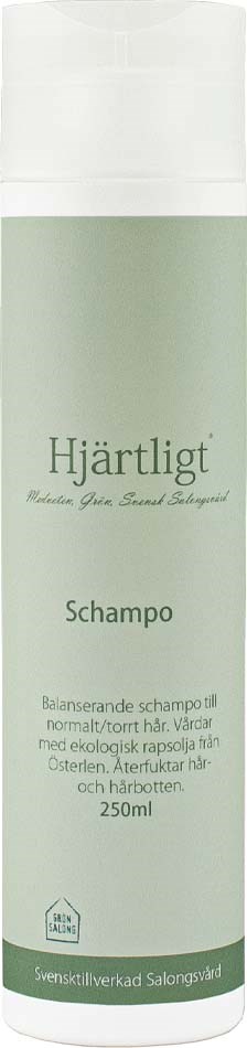 A white and green bottle labeled Hjärtligt shampoo, with 250ml volume, for balancing hair and scalp health.