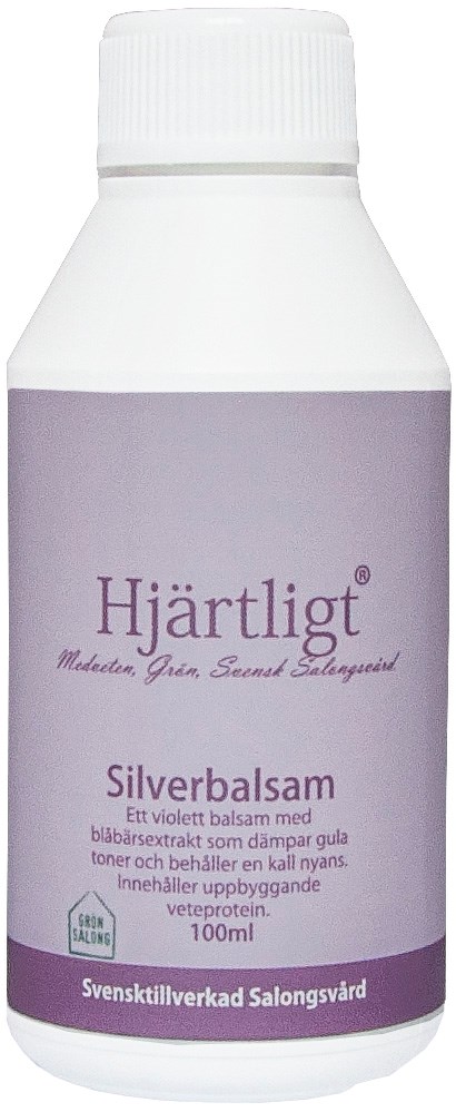 A white bottle with a purple label. The label says 'Hjärtligt Silverbalsam' and includes details about soothing balm.