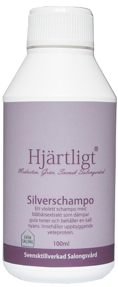 A white bottle with a purple label, containing violet shampoo, labeled "Hjärtligt Silver Shampoo for gray hair, 100ml."