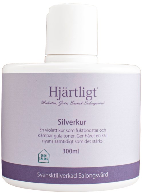 Witte fles met paarse label, Silverkurt product, 300ml, voor haar en hoofdhuid, door Zweden gemaakte salonverzorging.