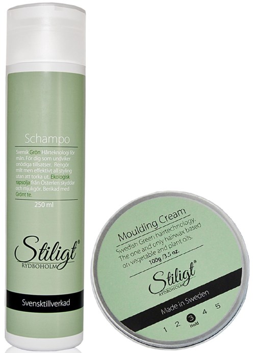 A green shampoo and a round green moulding cream container with black and white labels, made in Sweden.